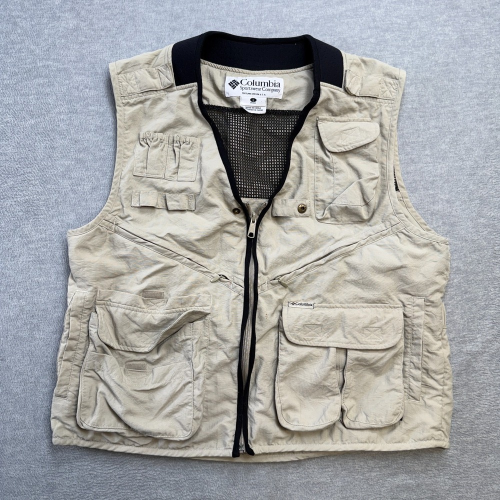 VTG Columbia Vest Adult Large Beige Fly Fishing Hunting Utility Pockets Safari